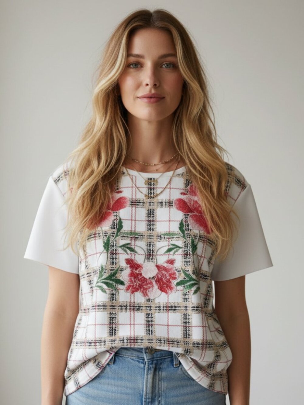 Zara M White Plaid Floral Textured Knit Boxy Top Oversized Boho Slouchy Casual